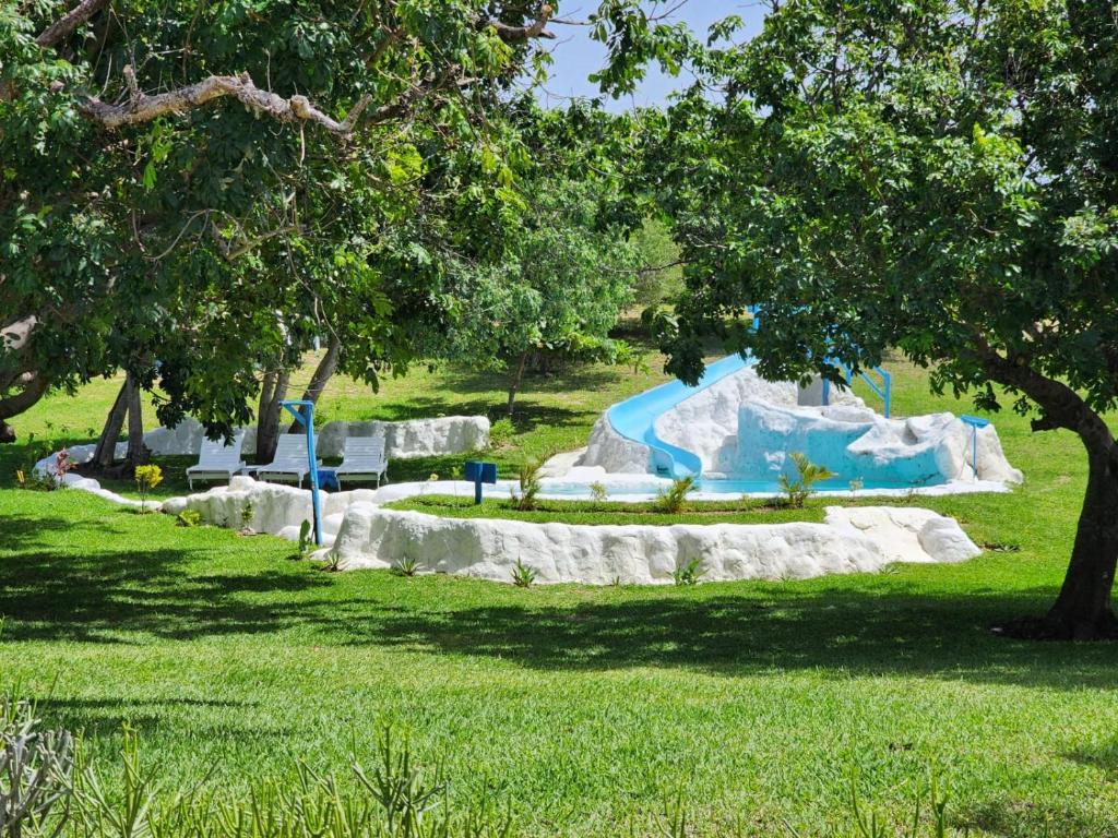 a slide in a park with trees and grass at Serenity Nhabanga, Bilene in Nhabanga