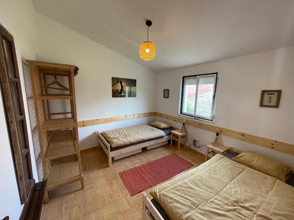 een slaapkamer met 2 bedden en een boekenplank bij Happy Hostel Sagres in Raposeira