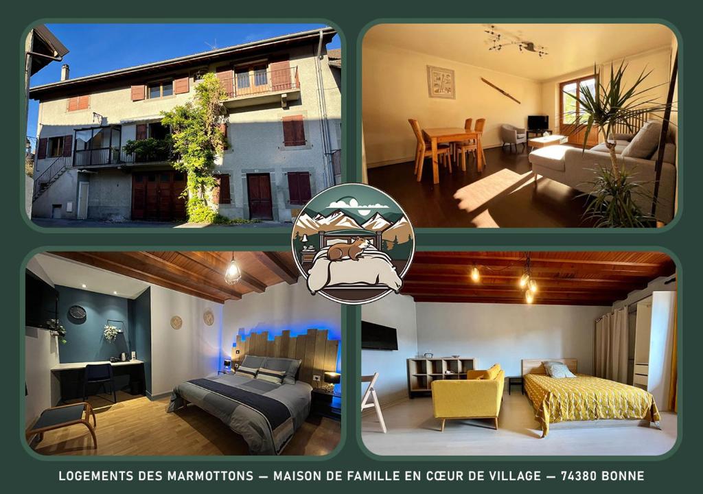 un collage de trois photos d'un salon dans l'établissement Logements des Marmottons - Cœur de village à Bonne, à Bonne