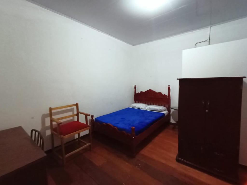 1 dormitorio con cama, silla y vestidor en hostal el gran amparo en Sevilla