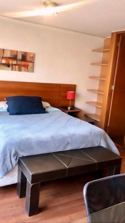 a bedroom with a bed with a blue pillow at Providencia Studio Suite con Terraza in Santiago