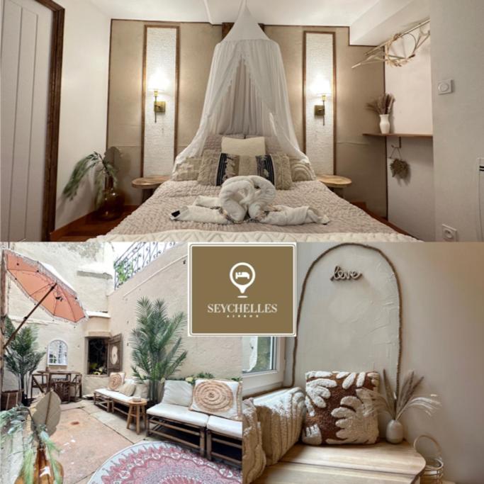 - deux photos d'une chambre avec un lit et d'une chambre dans l'établissement LES SEYCHELLES, T2, Hyper Centre, Cours intérieure, à Mâcon