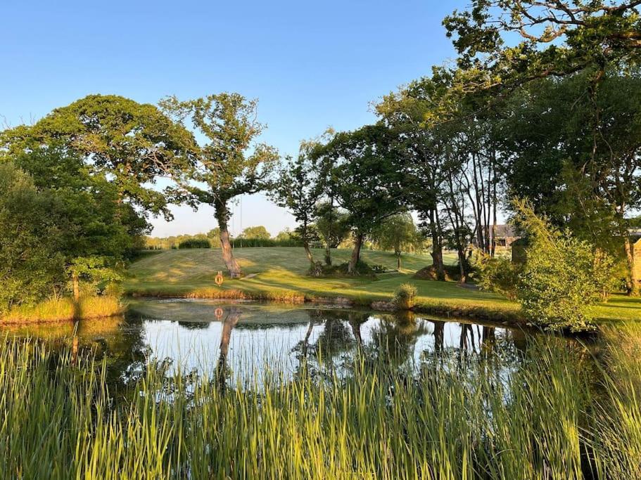 uma vista para um lago com árvores e relva em West Nymph Holiday Cottages Leafy Nook em South Tawton