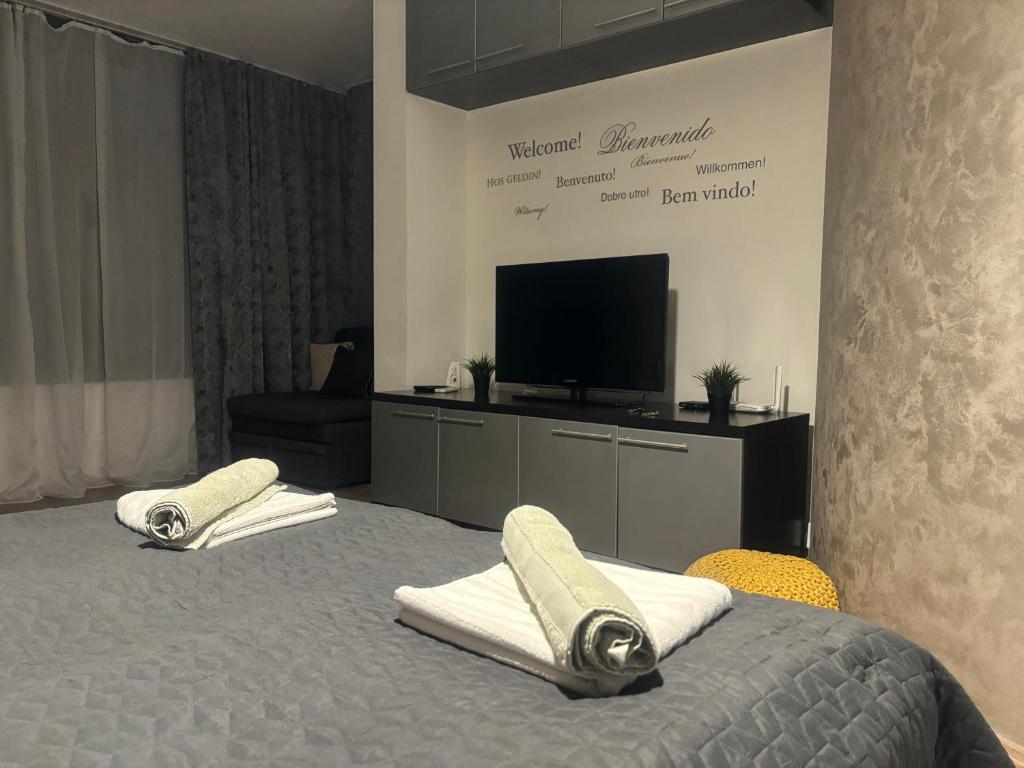 a bedroom with a bed with towels and a flat screen tv at Downtown Parliament in Belgrade