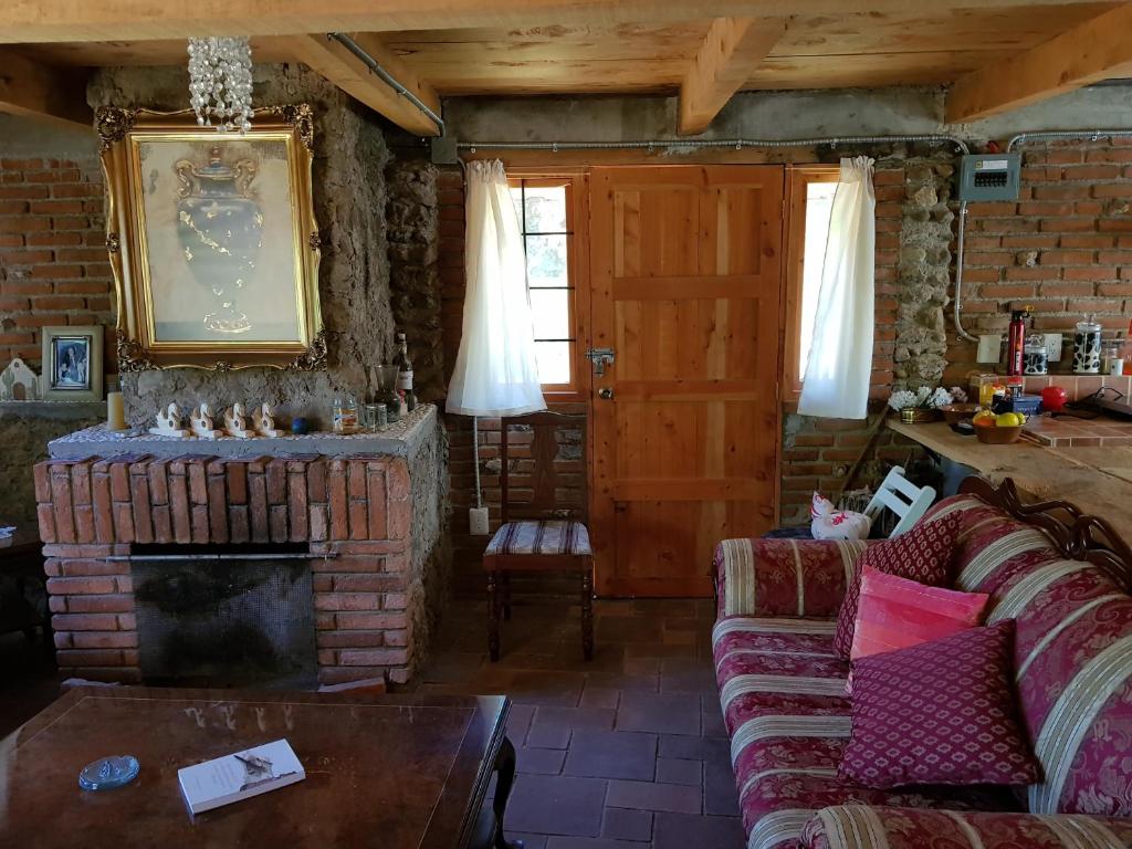 RedStone Cabin في ال اورو د هيدالغو: غرفة معيشة مع أريكة ومدفأة