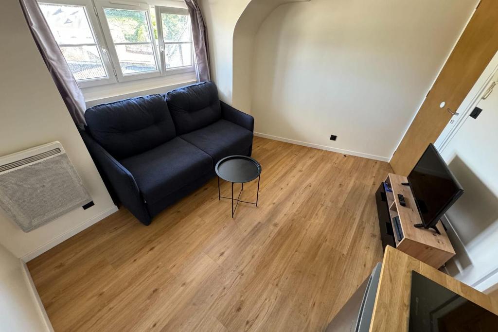 un salon avec un canapé noir et une télévision dans l'établissement Comfortable 16 m love nest in Caen, à Caen