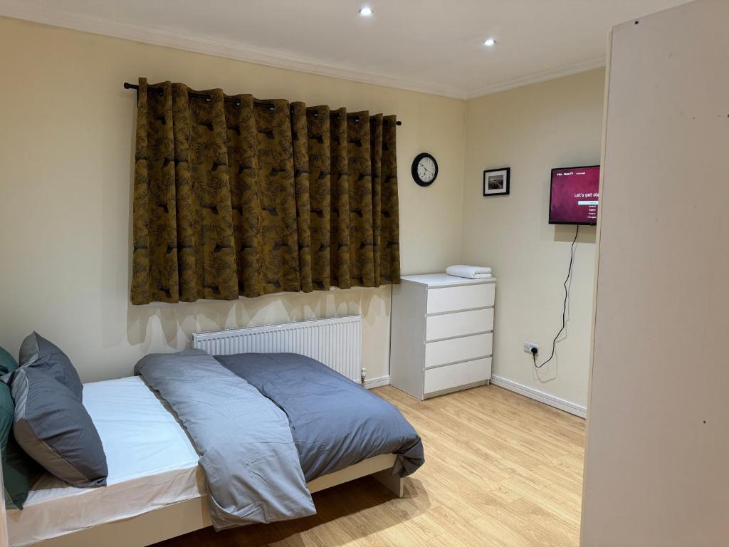 ロンドンにあるLuxurious double roomのベッドルーム(ベッド1台、カーテン、テレビ付)