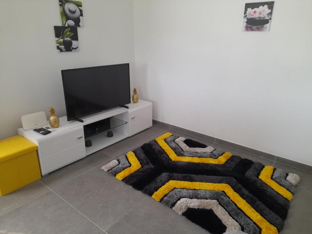 een woonkamer met een tv en een tapijt bij Maison ika in Le François