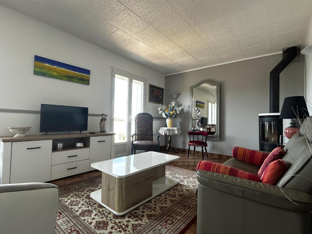 ein Wohnzimmer mit einem Sofa und einem TV in der Unterkunft Maison Belz, 3 pièces, 4 personnes - FR-1-397-67 in Belz