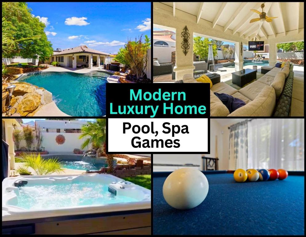 kolaż zdjęć basenu i gier spa w obiekcie Ultimate Vacation: A Luxurious Oasis with a Pool! w Las Vegas