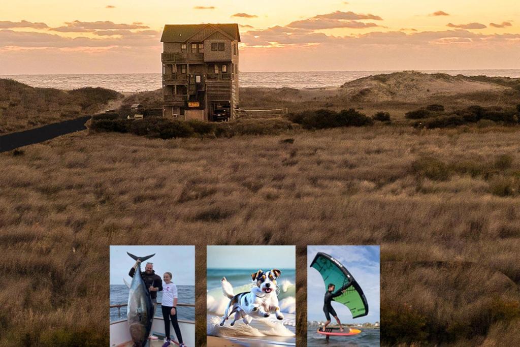 uma colagem de fotos de pessoas e um cão em uma praia em 23252 Rodanthe em Nags Head