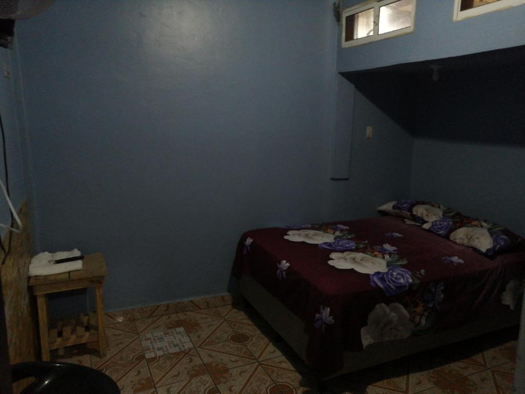 1 dormitorio con 1 cama en una habitación azul en Hotel 24/7 en Comayagua