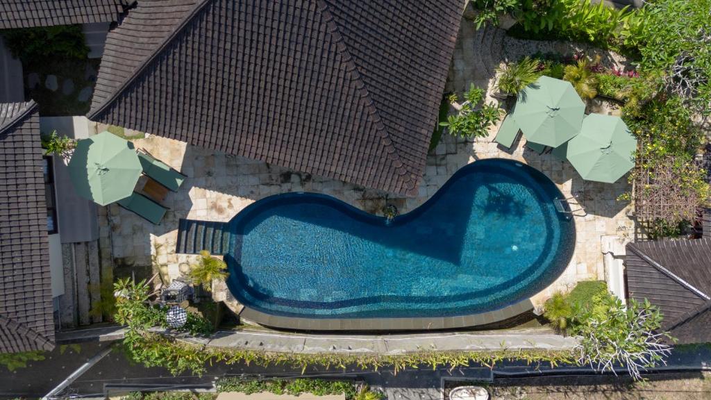 an overhead view of a swimming pool in a yard at Oma Ubud in Ubud