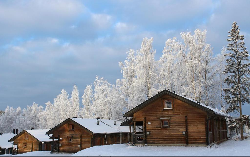 uma cabana com árvores cobertas de neve ao fundo em Koivula Cottages em Jämsä