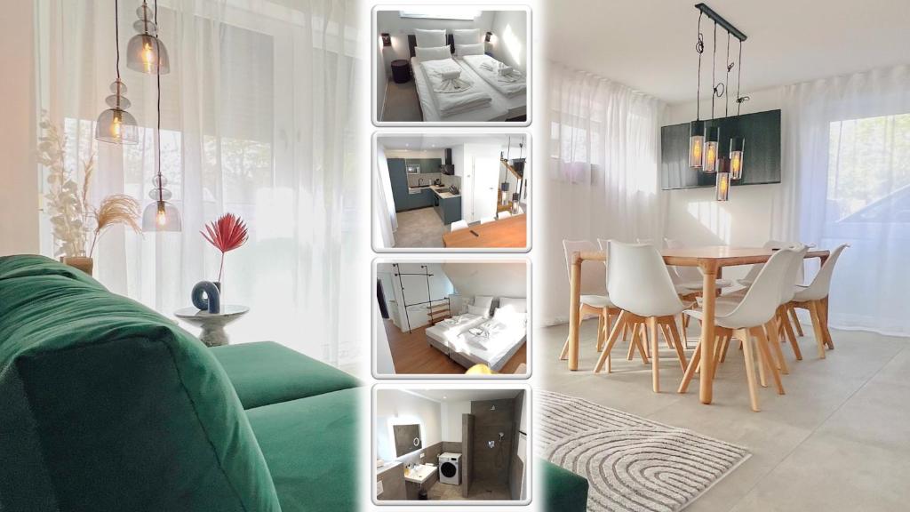 een collage van foto's van een woonkamer en eetkamer bij Xzllenz - 4 Schlafzimmer, Zentral, Parken, U-Bahn, 2 Bäder, 4 Smart-TV, optional Einzelbett in Neurenberg