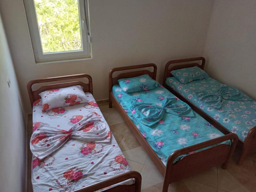 two twin beds in a room with a window at Bujtina Aliaj in Tropojë