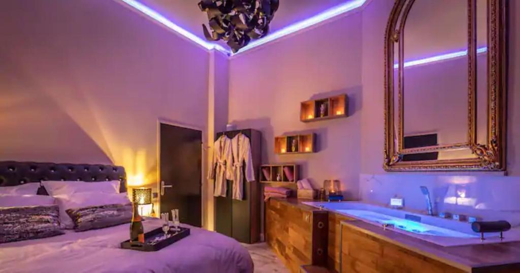 1 dormitorio con cama, bañera y espejo en Appartement de luxe avec Jacuzzi au centre de Metz, en Metz