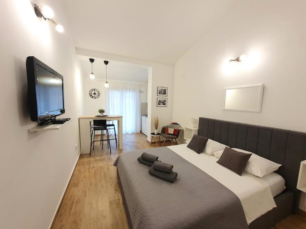 1 dormitorio con 1 cama grande y TV de pantalla plana en Apartments Dejana Štinjan, en Štinjan