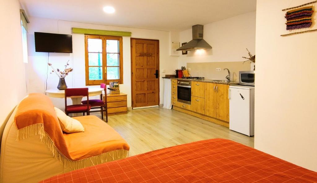 a living room with a couch and a kitchen at Apartament a Mas l'Erm in Girona