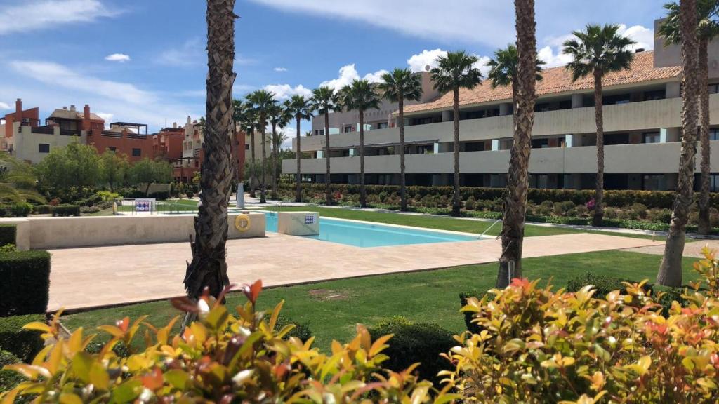 uma piscina com palmeiras em frente a um edifício em Apartamento Golf Lujo Mor 2, Valle del Este Vera em Vera