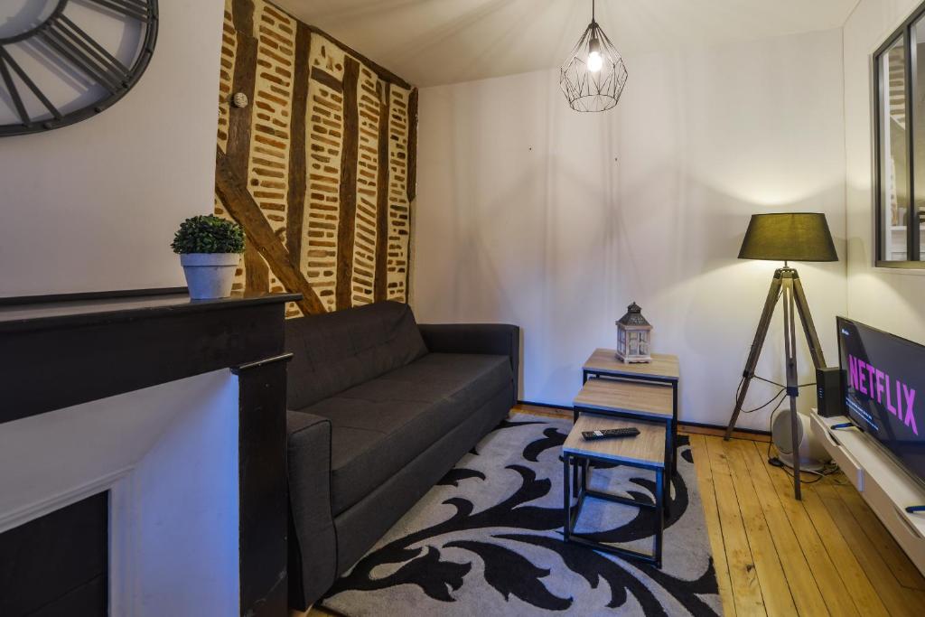 un salon avec un canapé et une télévision dans l'établissement Le Cœur De La Scellerie - Hypercentre - Netflix, à Tours