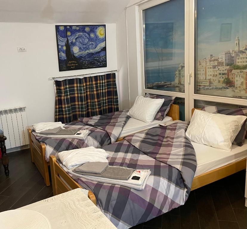 two beds in a room with a window at Zvezdana noc in Zvezdara