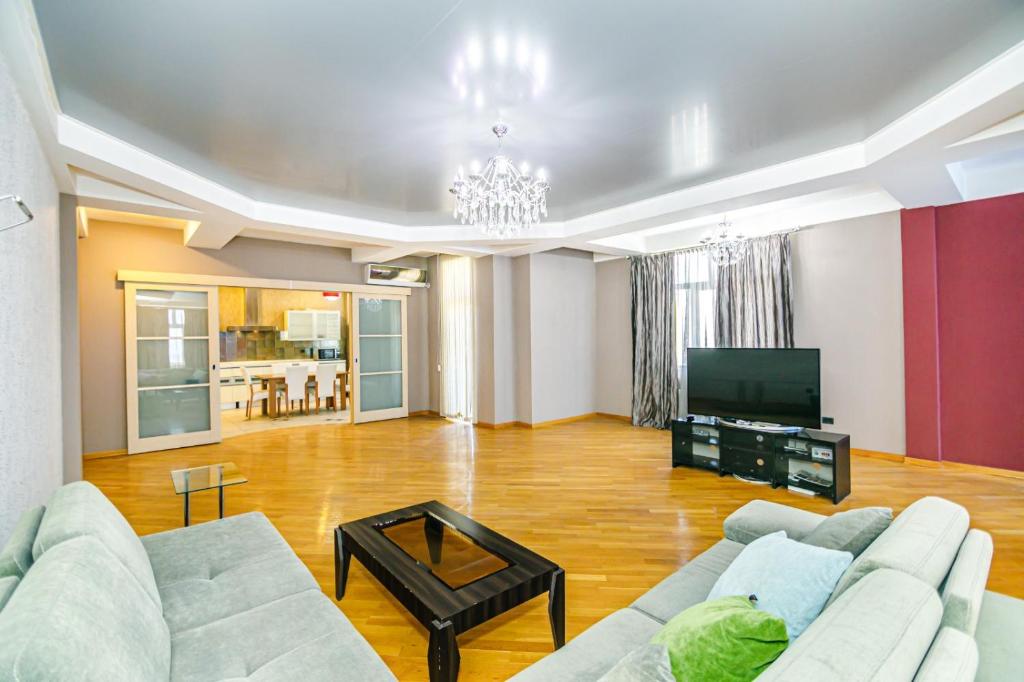 a living room with a couch and a tv at Deluxe Apartment 142/59 in Baku