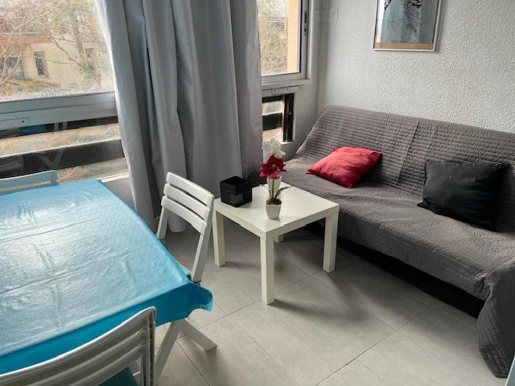 un salon avec un canapé et une table dans l'établissement Studio avec Parking et Proche Plage, Animaux Acceptés - FR-1-749-26, au Cap d'Agde