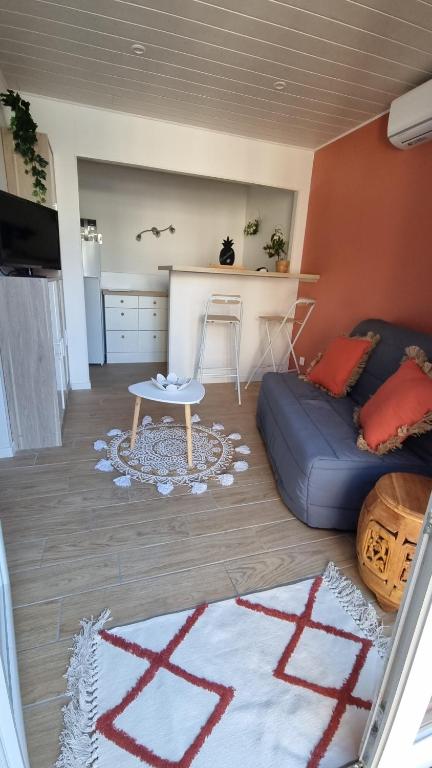 un salon avec un canapé et une table dans l'établissement Gite proche Aéroport, à Mérignac