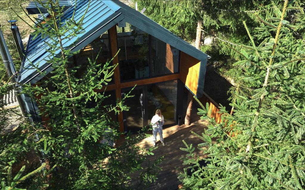 a woman standing outside of a house in the woods at Chili Shale in Yablunytsya