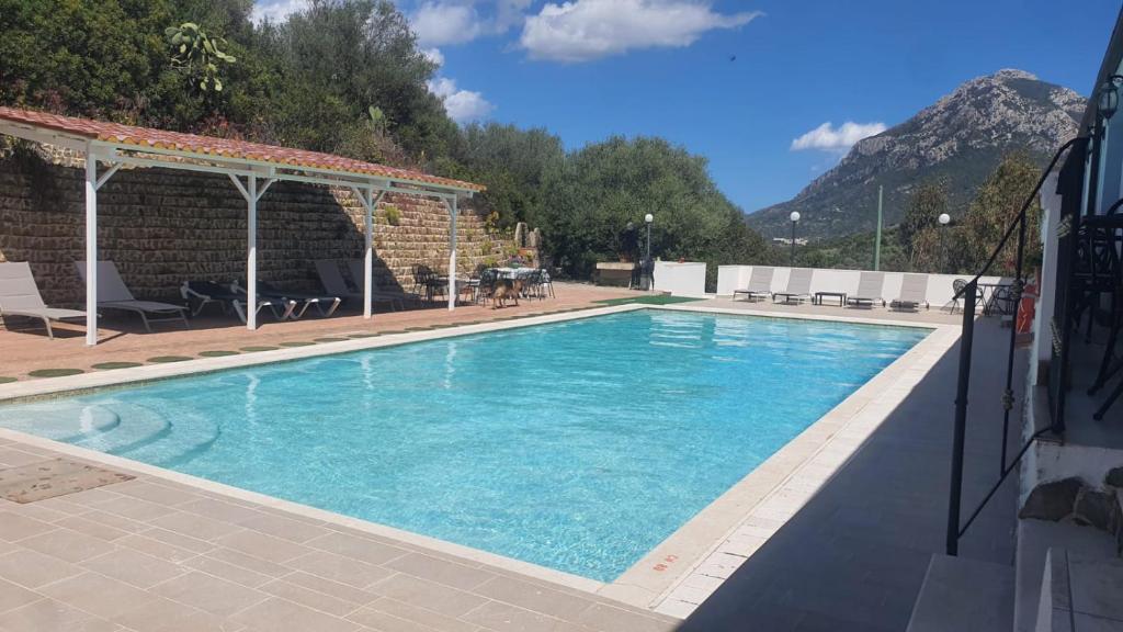 a large swimming pool with blue water in a yard at Hotel Valle del Cedrino in Galtellì