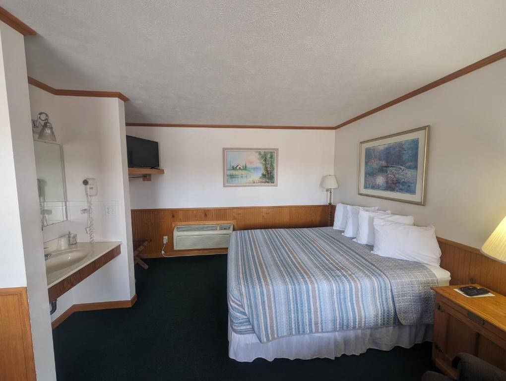 um quarto de hotel com uma cama e um lavatório em Auburn Inn Motel 