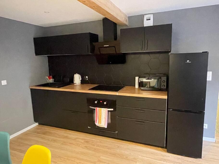 FurdenheimにあるAppartement Cosy à la Campagneのキッチン(黒いキャビネット、黒い冷蔵庫付)