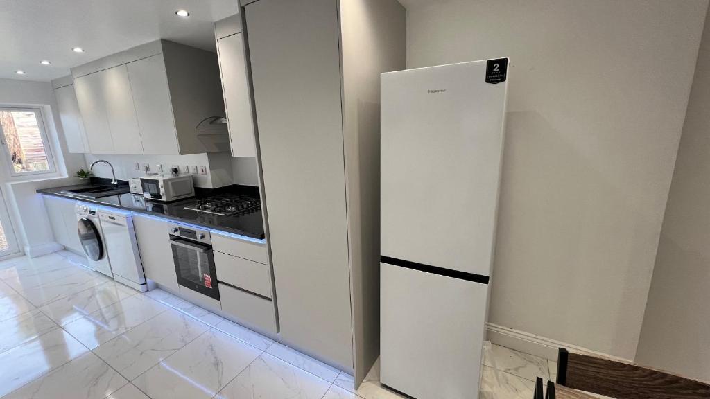 チャタムにあるSan Pedro Lodge Chathamのキッチン(白い冷蔵庫、コンロ付)