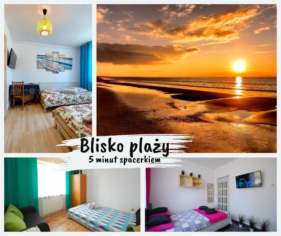 a collage of pictures of a bedroom with the beach at Willa Letnik - 5 minut do plaży in Ustronie Morskie