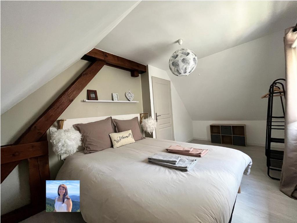 1 dormitorio con 1 cama grande en el ático en Les Gîtes du Florival, la Glycine, en Soultz-Haut-Rhin