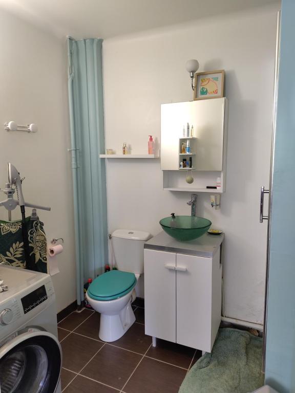 La salle de bains est pourvue de toilettes, d'un lavabo et d'un lavabo. dans l'établissement T2 pour 2 à 4 personnes - ligne 14 kremlin Bicêtre, au Kremlin-Bicêtre