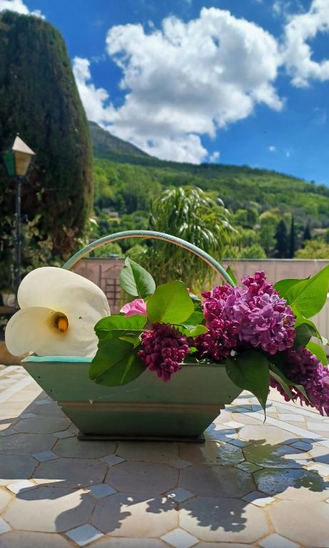 un vase avec des fleurs assis sur une table dans l'établissement La cigale, à Gourdon