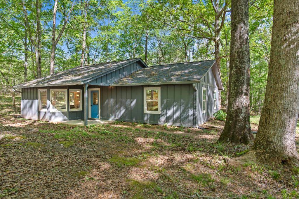 a green cottage in the woods with trees at Beaverdam Bliss Cabin on 14 acres in Madison
