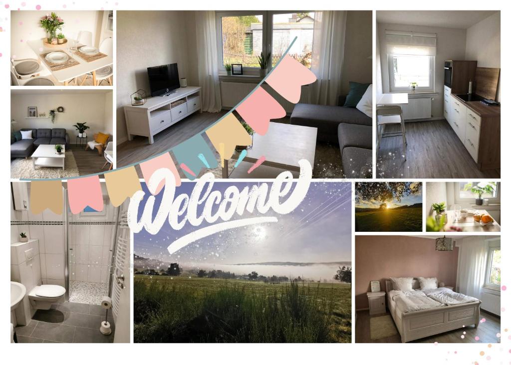 a collage of photos of a living room and a bedroom at Schön gelegene Ferien-/Pendlerwohnung nahe Rothaarsteig mit guter Anbindung in Haiger