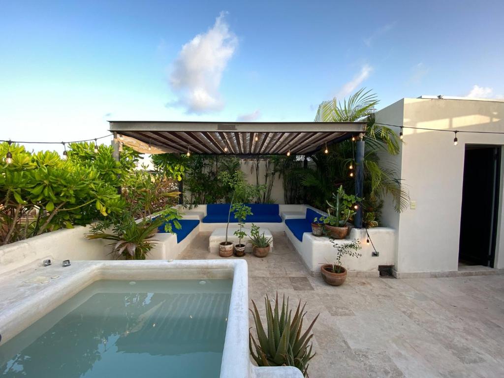 einen Pool auf einer Terrasse mit Pflanzen in der Unterkunft Penthouse retreat in Tulum with private rooftop: Casa Paramar PH with 2BR 3BTH, rooftop Oasis, and plunge pool Paradise in Tulum
