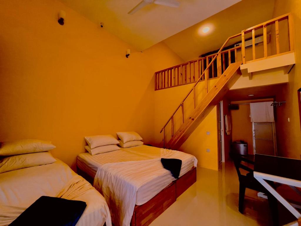 2 camas en una habitación con escalera en Thoddoo Island Holiday Inn en Thoddoo