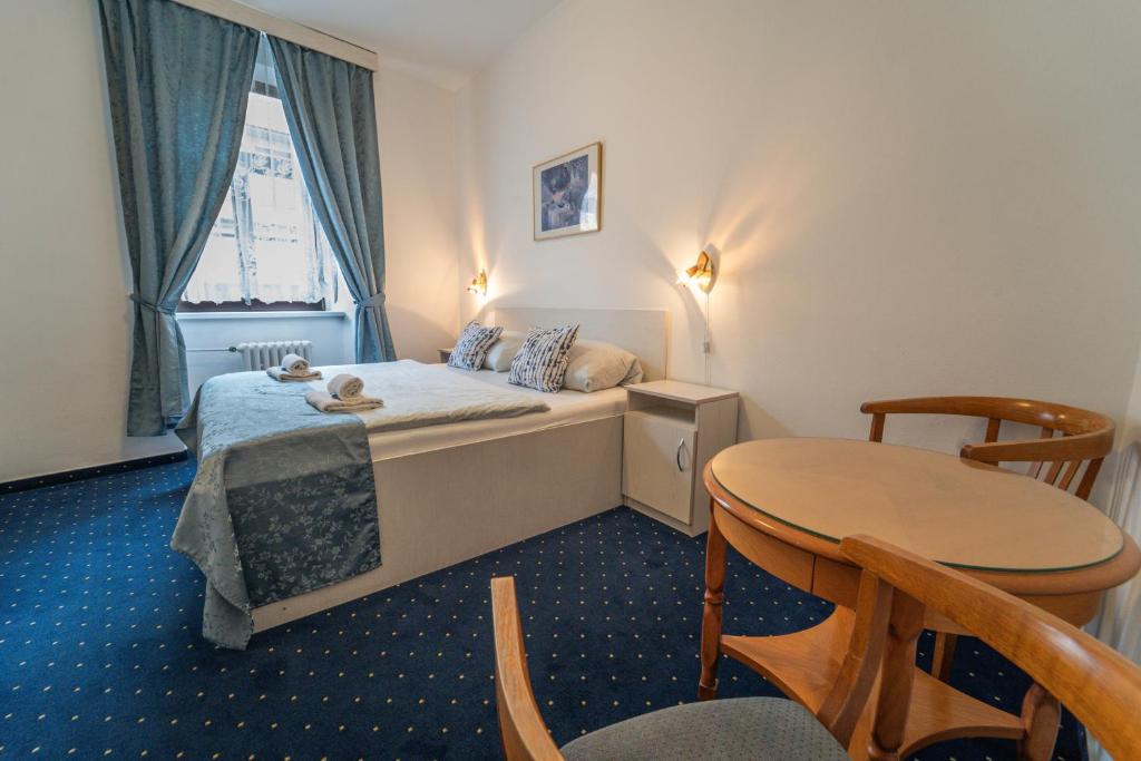 um pequeno quarto com uma cama e uma mesa em Hotel Gabreta em Sušice