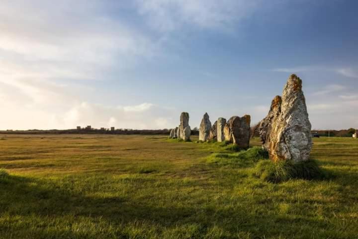 un groupe de grandes roches dans un champ dans l'établissement Gites des menhirs, à Camaret-sur-Mer