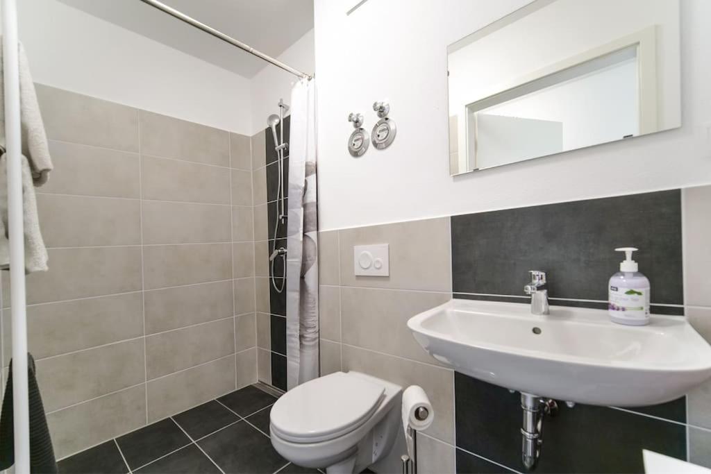 Koupelna v ubytování Preiswertes modernes Gästezimmer in Aue Bad-Schlema