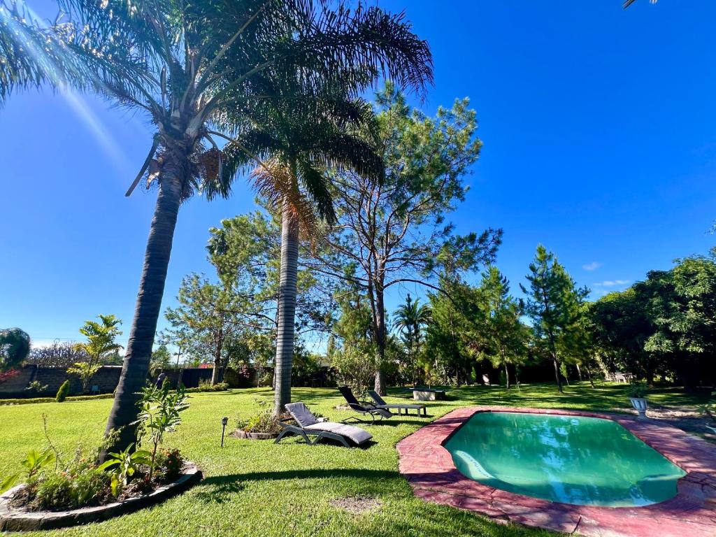 a swimming pool in a park with palm trees at Summerfields & Gardens Lodge in Kitwe