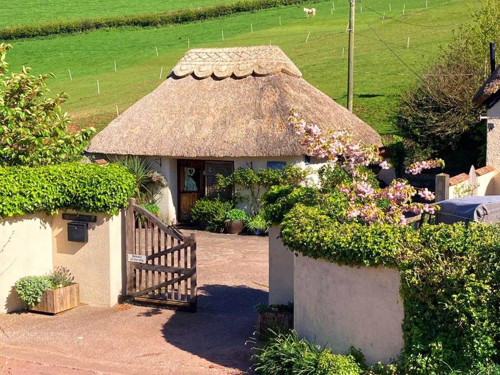 Cette petite maison est dotée d'un toit de chaume et de fleurs. dans l'établissement The Nest - Thatched seaside country cottage for two, à Stokeinteignhead
