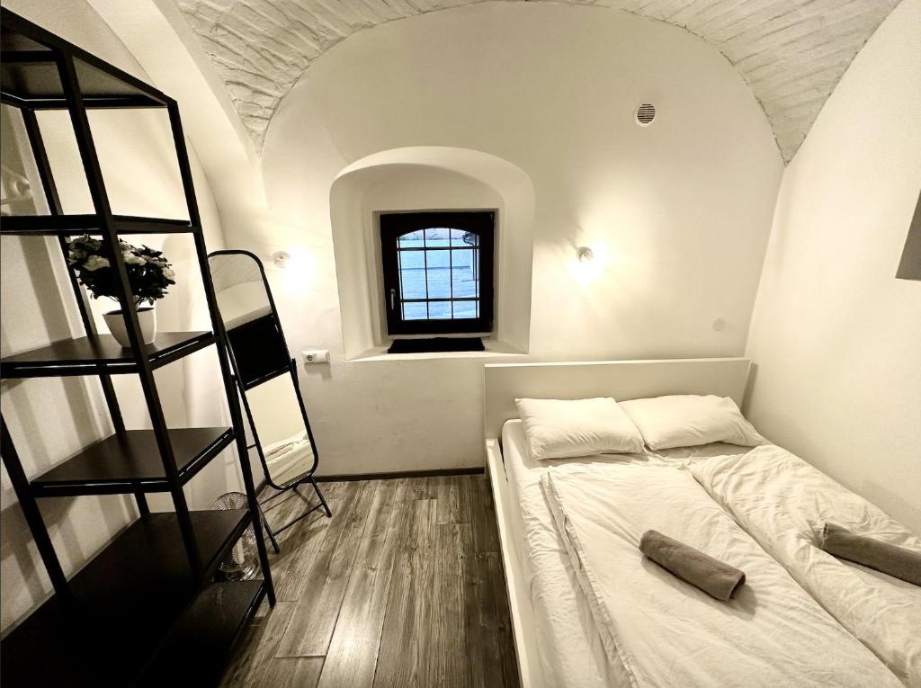 ein Schlafzimmer mit einem Bett in einem Zimmer mit einem Fenster in der Unterkunft 4Rooms in Maribor