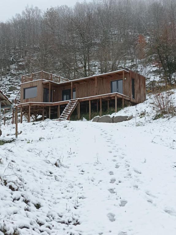 une maison dans la neige avec une cour recouverte de neige dans l'établissement Massassi Plaza, à Cornimont
