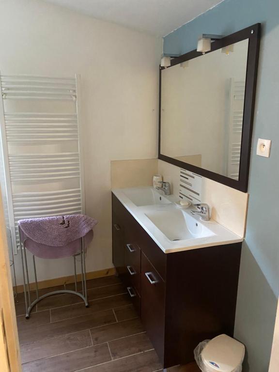 La salle de bains est pourvue d'un lavabo, d'un miroir et d'un tabouret. dans l'établissement Mini loft a la campagne dans une ancienne ferm, à Saint-Cyprien